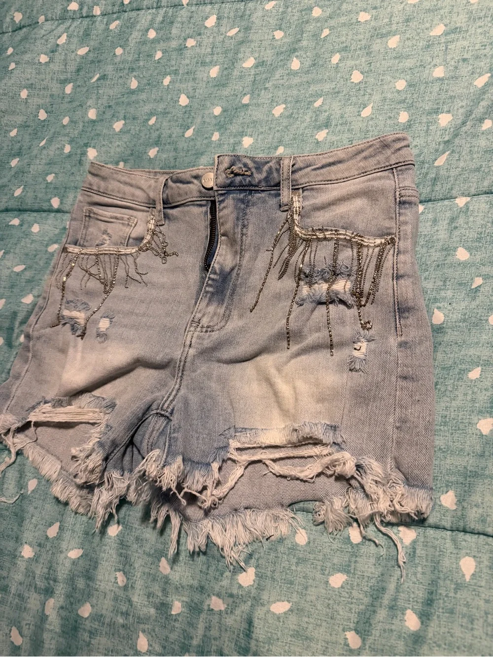 Large Distressed Light Blue Denim Jean Shorts w/ Beaded Fringe. MUST BE BUNDLED